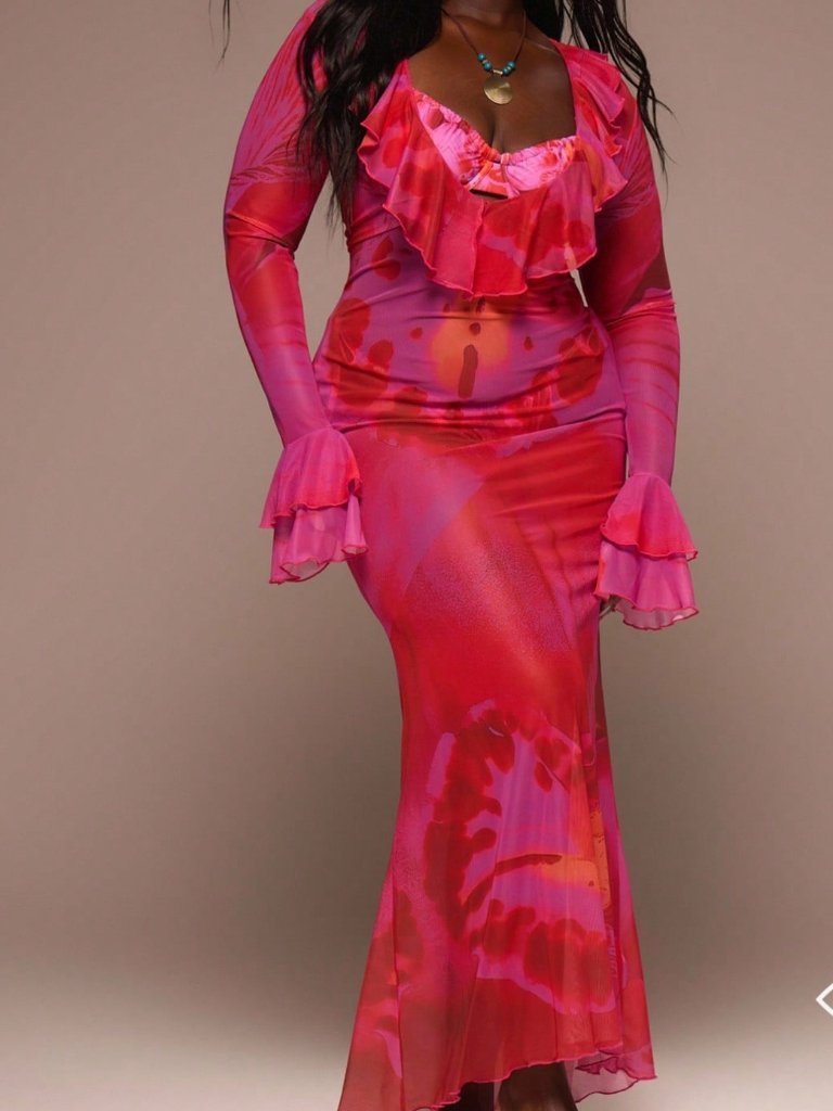 Sexy Women's Plus Size Floral Print Mesh Ruffle Plunge Neck Maxi Dress